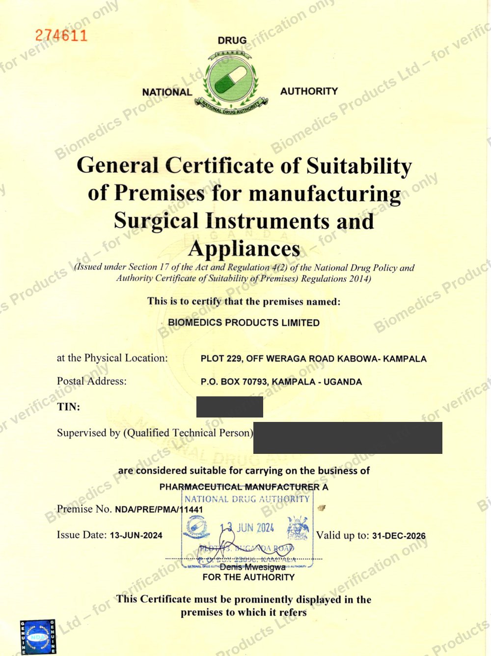 NDA Suitability of Premises (Manufacturing)